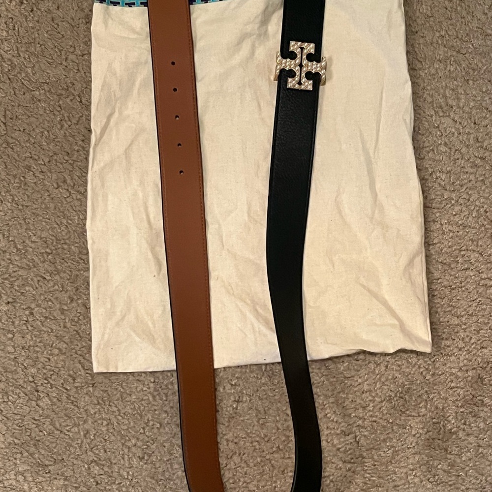 Tory Burch Reversible Black and Brown Leather Belt with Pearl Buckle 1.5 inch